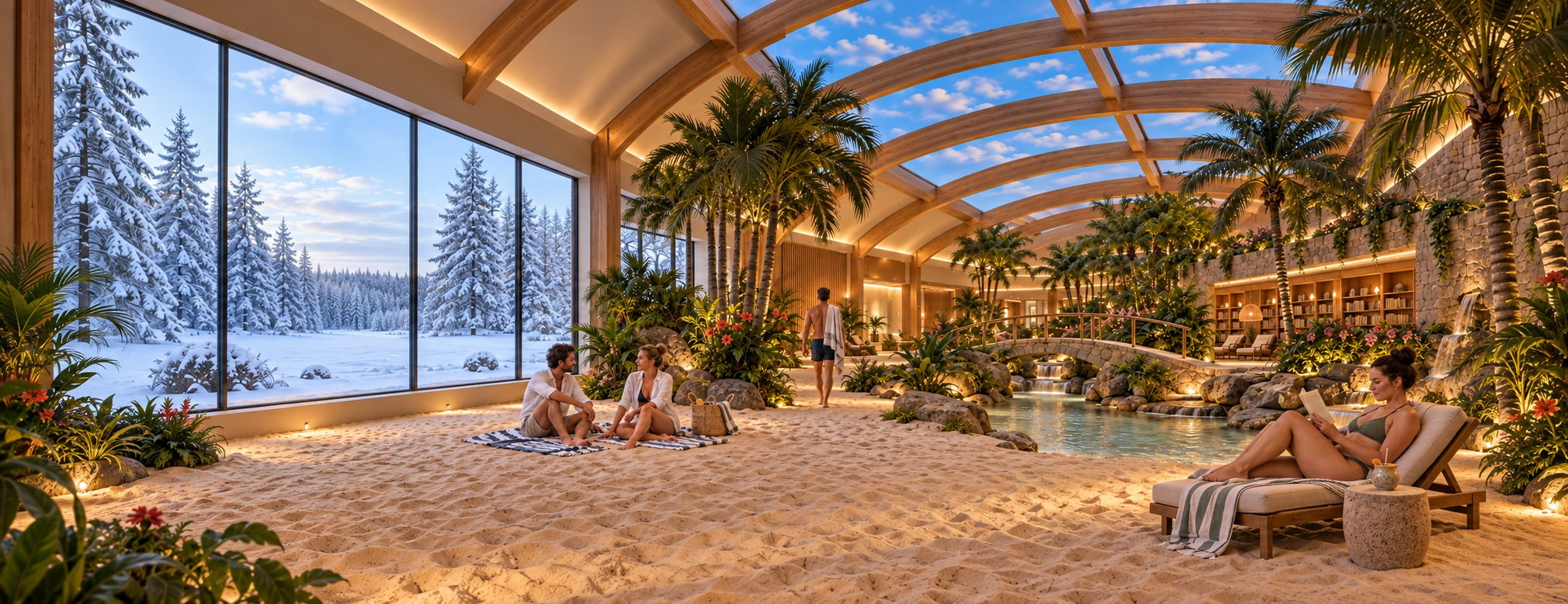 Landa's proposed indoor summer landscape, with warm sand, palms and water beneath a sunlit timber roof