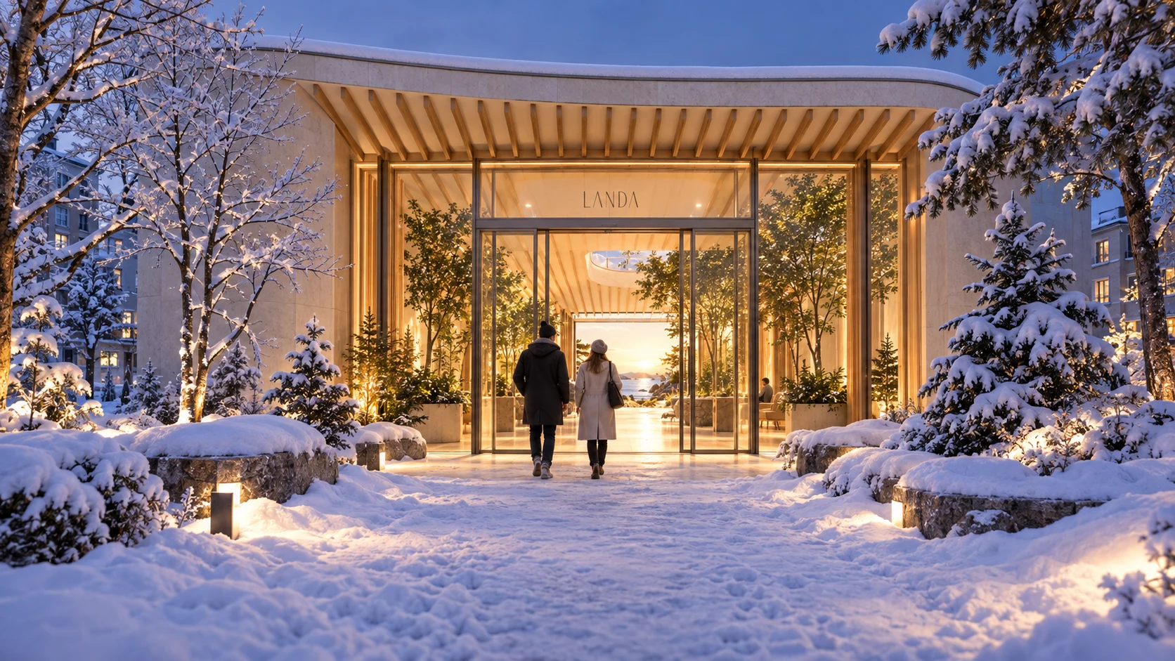 Concept of a warm Landa entrance during a snowy winter